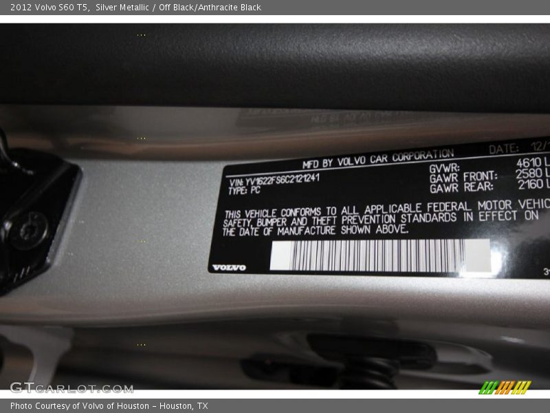 Silver Metallic / Off Black/Anthracite Black 2012 Volvo S60 T5