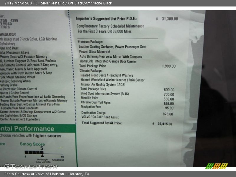 Silver Metallic / Off Black/Anthracite Black 2012 Volvo S60 T5