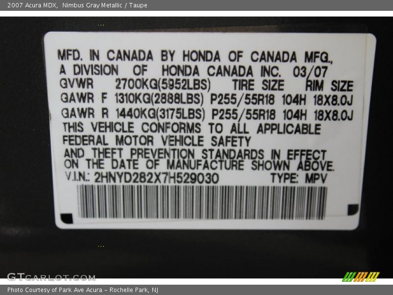 Nimbus Gray Metallic / Taupe 2007 Acura MDX