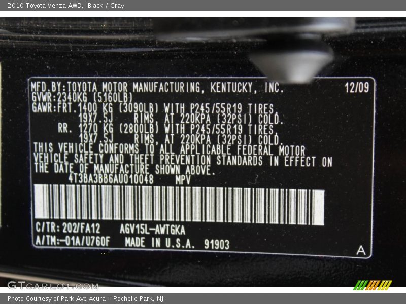 Black / Gray 2010 Toyota Venza AWD