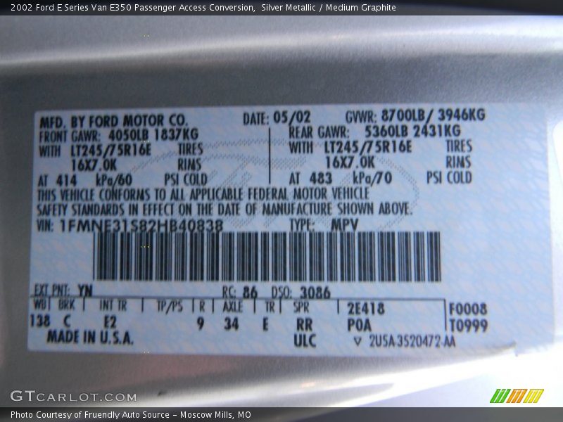 Silver Metallic / Medium Graphite 2002 Ford E Series Van E350 Passenger Access Conversion