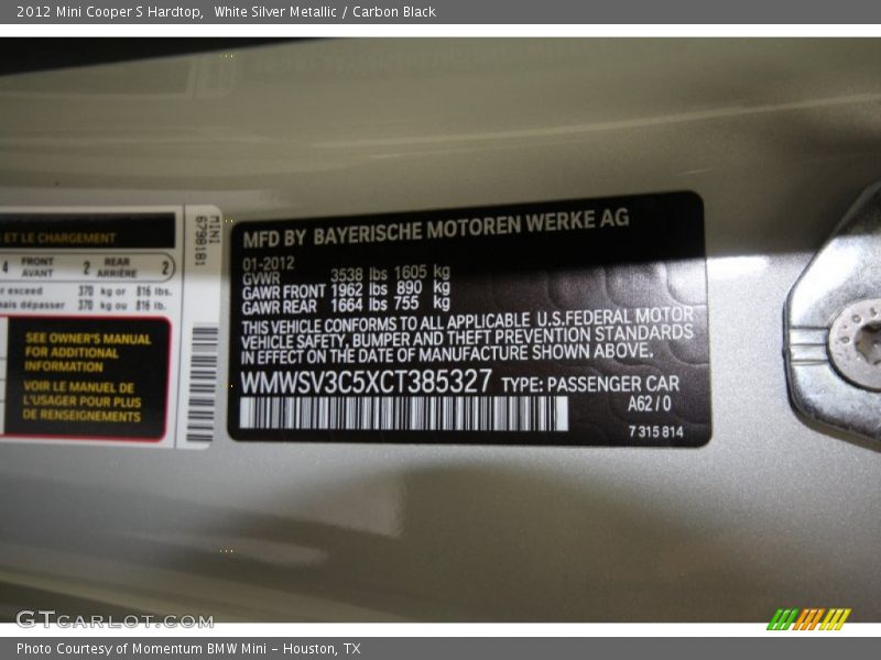 White Silver Metallic / Carbon Black 2012 Mini Cooper S Hardtop