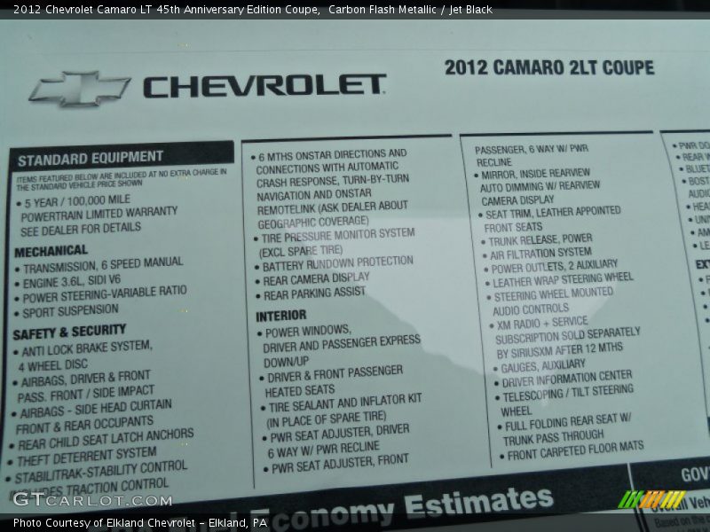  2012 Camaro LT 45th Anniversary Edition Coupe Window Sticker