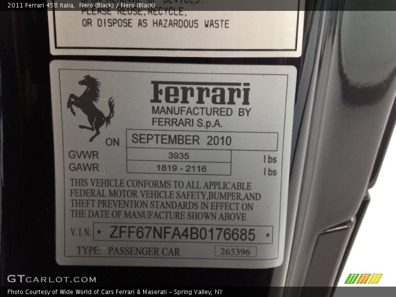 Info Tag of 2011 458 Italia