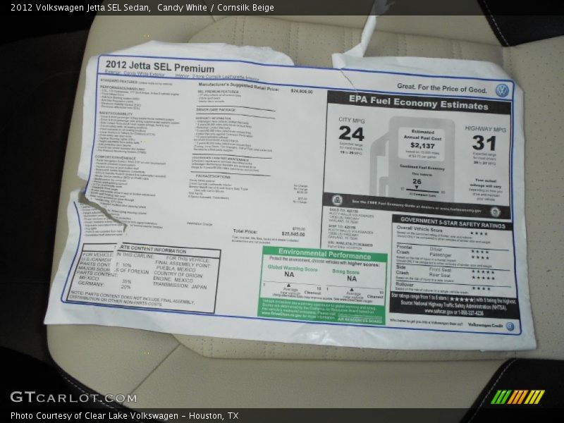 Candy White / Cornsilk Beige 2012 Volkswagen Jetta SEL Sedan