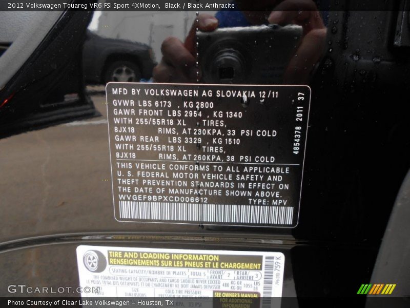 Black / Black Anthracite 2012 Volkswagen Touareg VR6 FSI Sport 4XMotion