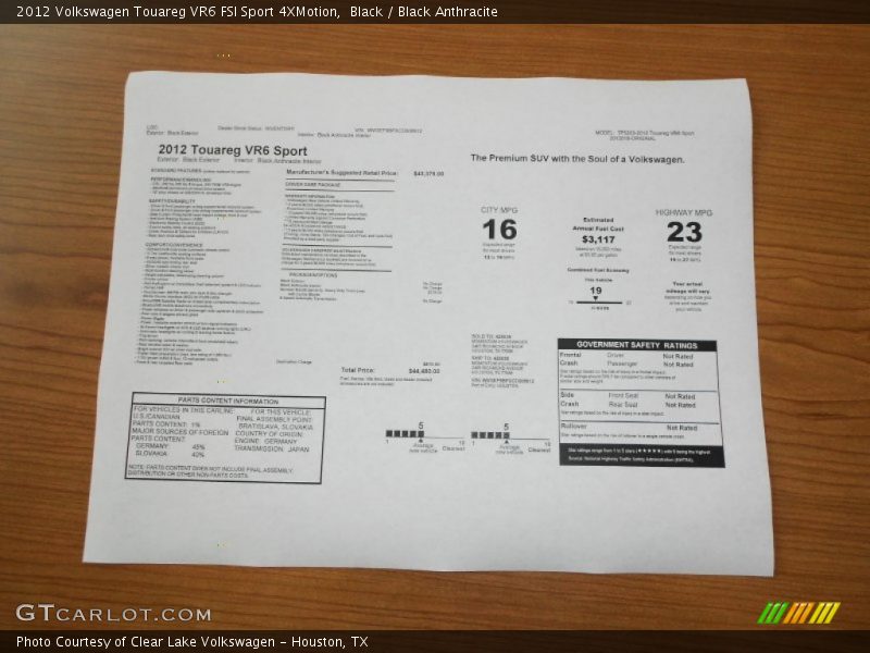  2012 Touareg VR6 FSI Sport 4XMotion Window Sticker