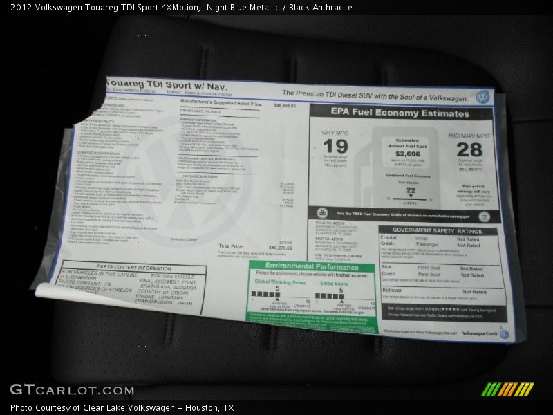Night Blue Metallic / Black Anthracite 2012 Volkswagen Touareg TDI Sport 4XMotion
