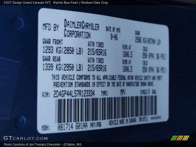 Marine Blue Pearl / Medium Slate Gray 2007 Dodge Grand Caravan SXT