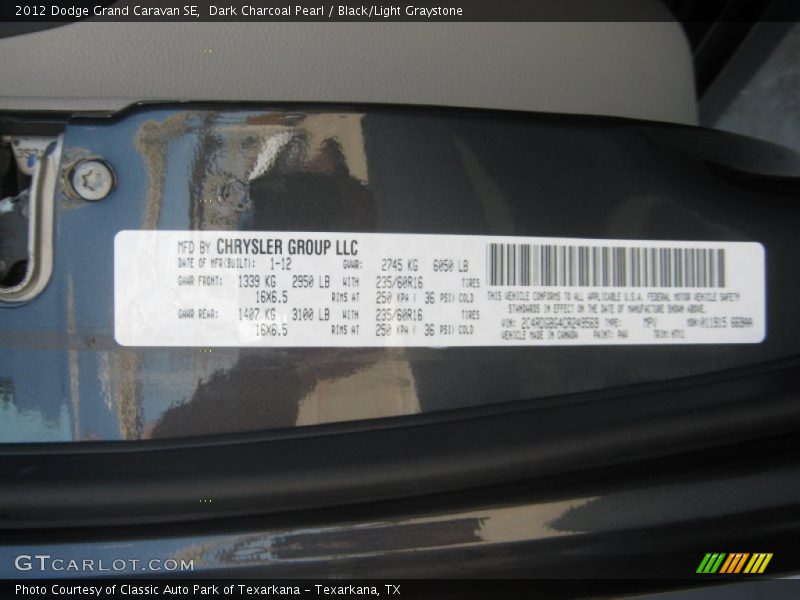 Dark Charcoal Pearl / Black/Light Graystone 2012 Dodge Grand Caravan SE
