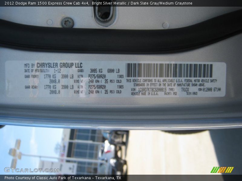 Bright Silver Metallic / Dark Slate Gray/Medium Graystone 2012 Dodge Ram 1500 Express Crew Cab 4x4