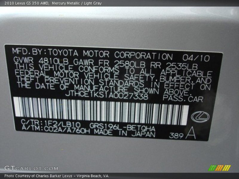 2010 GS 350 AWD Mercury Metallic Color Code 1F2