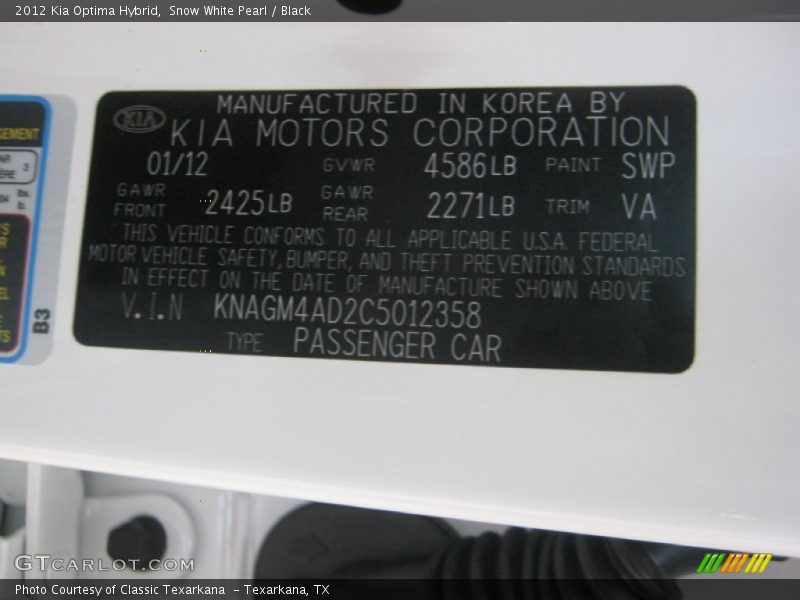 Snow White Pearl / Black 2012 Kia Optima Hybrid
