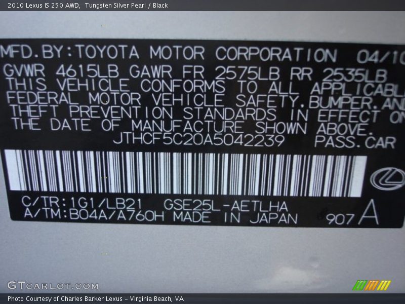 Tungsten Silver Pearl / Black 2010 Lexus IS 250 AWD