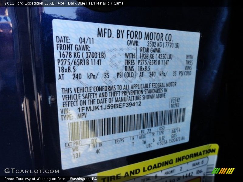 2011 Expedition EL XLT 4x4 Dark Blue Pearl Metallic Color Code DX