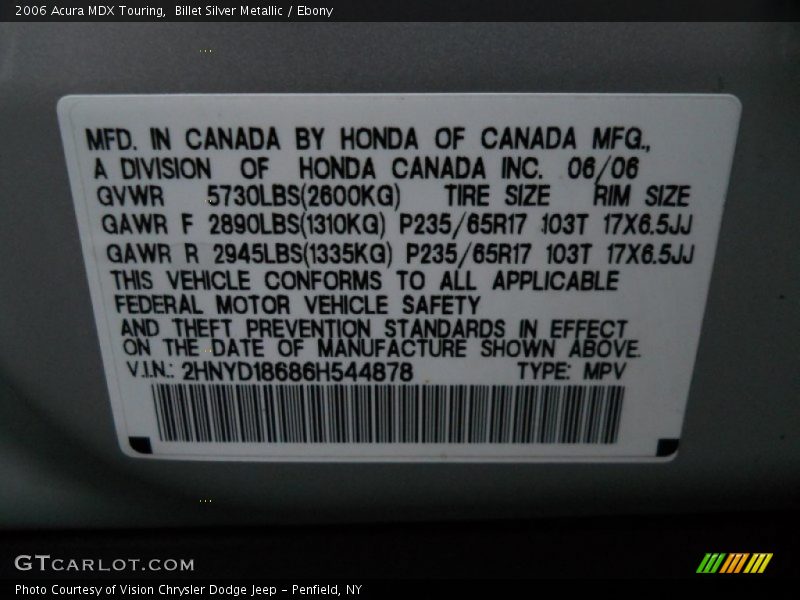 Billet Silver Metallic / Ebony 2006 Acura MDX Touring