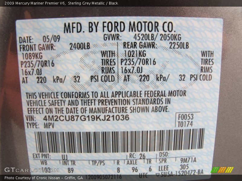 2009 Mariner Premier V6 Sterling Grey Metallic Color Code UJ