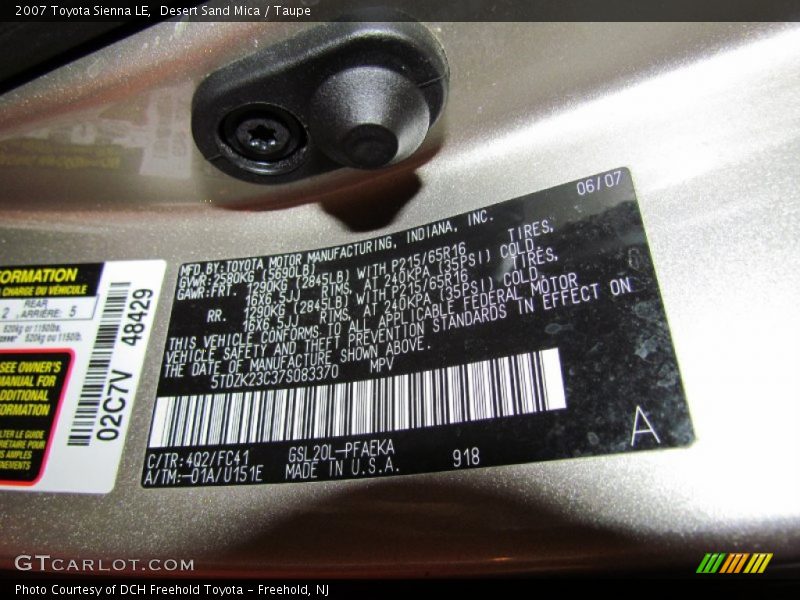 Desert Sand Mica / Taupe 2007 Toyota Sienna LE