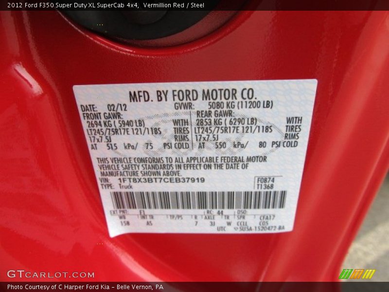 2012 F350 Super Duty XL SuperCab 4x4 Vermillion Red Color Code F1