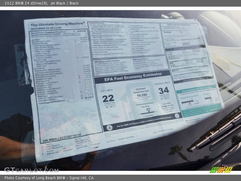  2012 Z4 sDrive28i Window Sticker