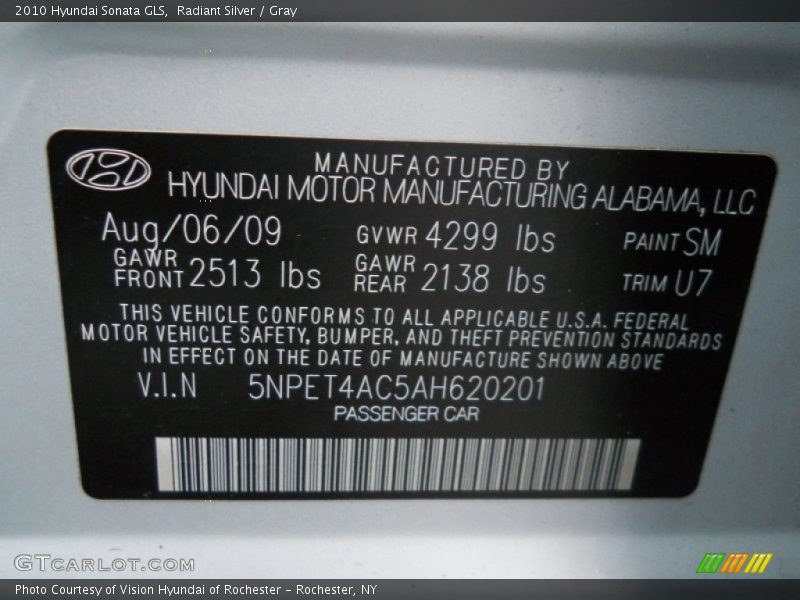 Radiant Silver / Gray 2010 Hyundai Sonata GLS