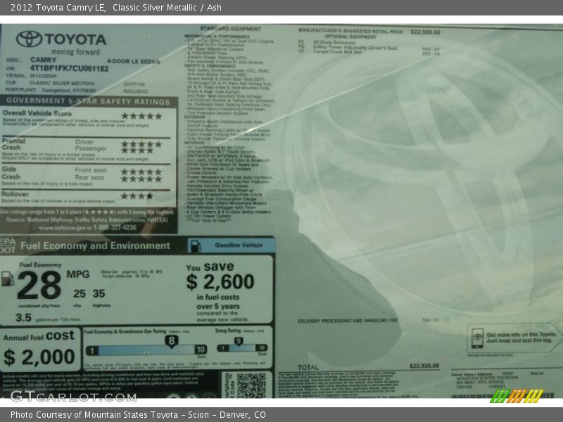 Classic Silver Metallic / Ash 2012 Toyota Camry LE