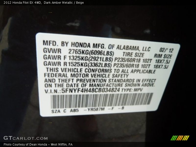 Dark Amber Metallic / Beige 2012 Honda Pilot EX 4WD