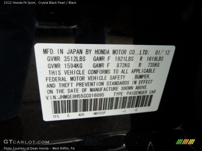 Crystal Black Pearl / Black 2012 Honda Fit Sport