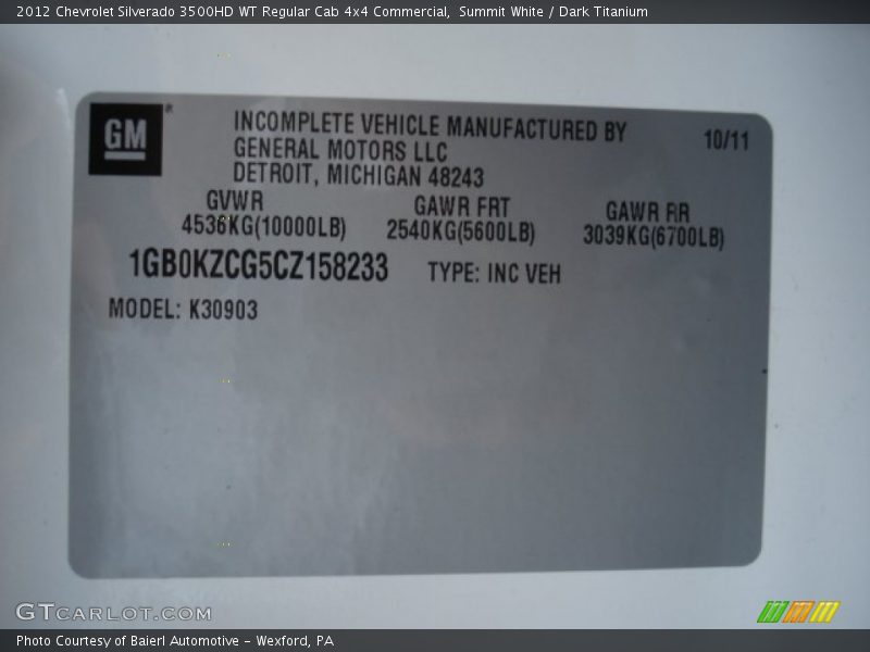 Summit White / Dark Titanium 2012 Chevrolet Silverado 3500HD WT Regular Cab 4x4 Commercial