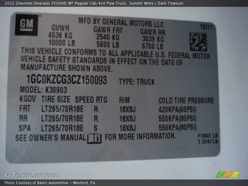Summit White / Dark Titanium 2012 Chevrolet Silverado 3500HD WT Regular Cab 4x4 Plow Truck