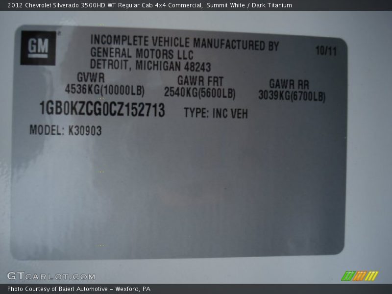 Summit White / Dark Titanium 2012 Chevrolet Silverado 3500HD WT Regular Cab 4x4 Commercial