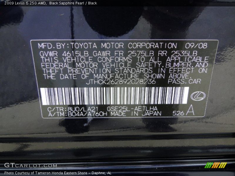 2009 IS 250 AWD Black Sapphire Pearl Color Code 8U0