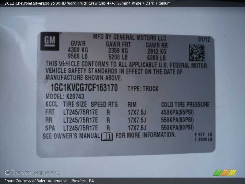 Summit White / Dark Titanium 2012 Chevrolet Silverado 2500HD Work Truck Crew Cab 4x4