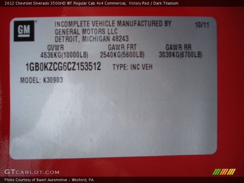 Info Tag of 2012 Silverado 3500HD WT Regular Cab 4x4 Commercial