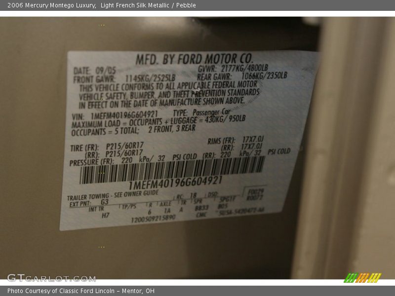 Light French Silk Metallic / Pebble 2006 Mercury Montego Luxury