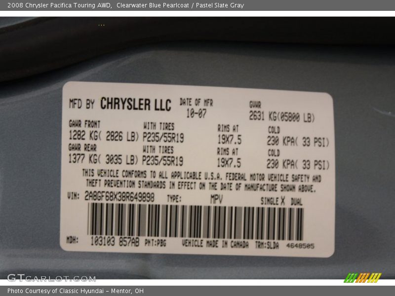 Clearwater Blue Pearlcoat / Pastel Slate Gray 2008 Chrysler Pacifica Touring AWD