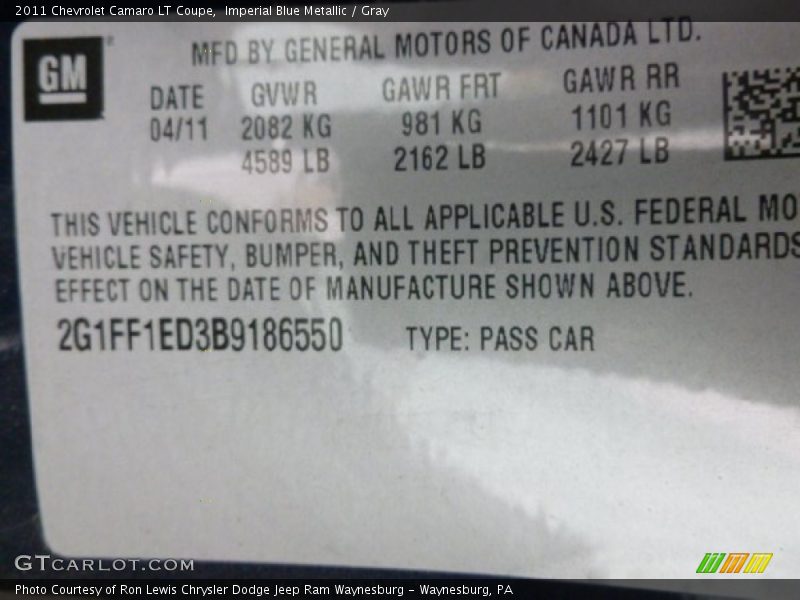 Imperial Blue Metallic / Gray 2011 Chevrolet Camaro LT Coupe