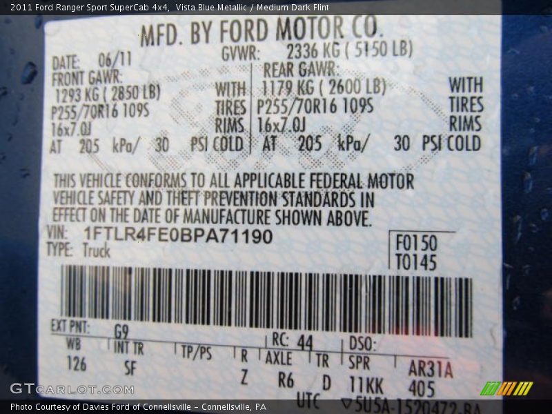 2011 Ranger Sport SuperCab 4x4 Vista Blue Metallic Color Code G9