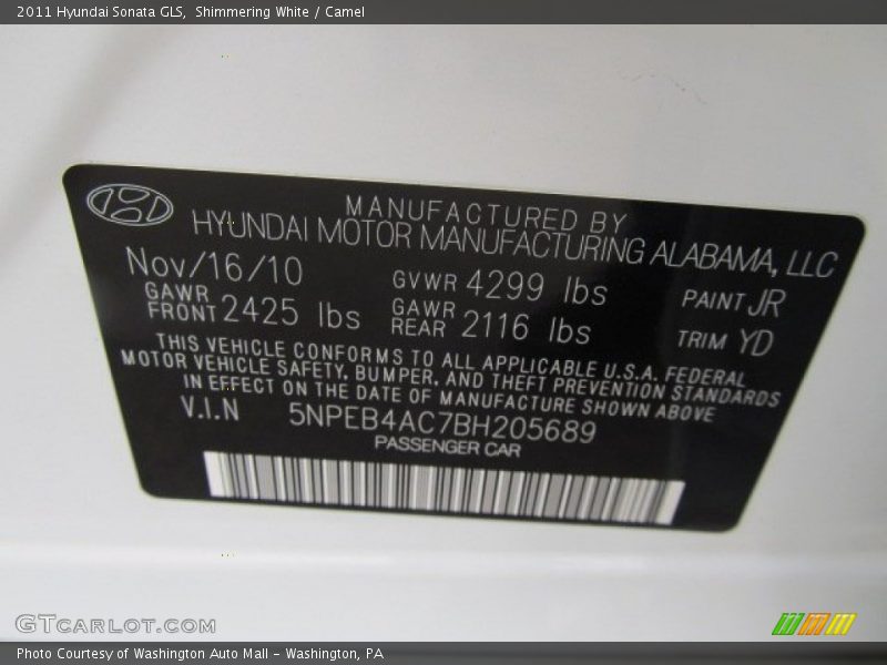 Shimmering White / Camel 2011 Hyundai Sonata GLS
