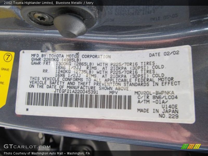 Bluestone Metallic / Ivory 2002 Toyota Highlander Limited