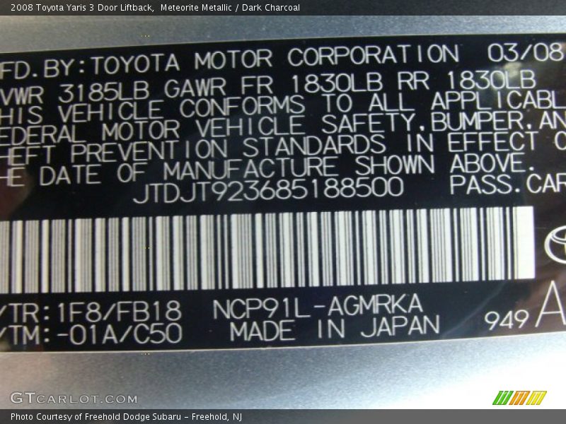 2008 Yaris 3 Door Liftback Meteorite Metallic Color Code 1F8