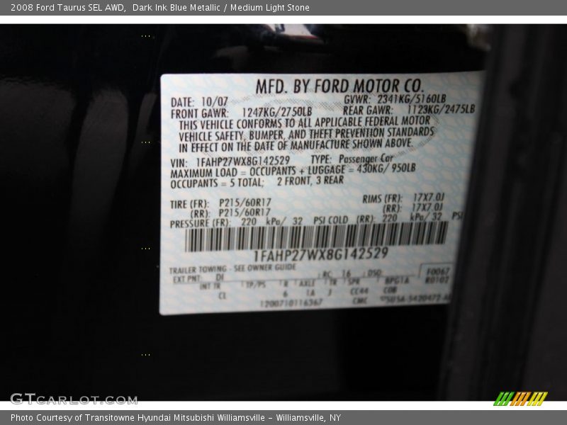 2008 Taurus SEL AWD Dark Ink Blue Metallic Color Code DI