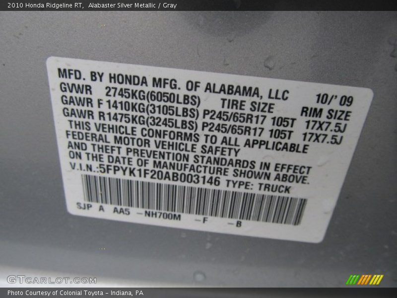 Alabaster Silver Metallic / Gray 2010 Honda Ridgeline RT