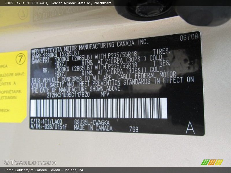 2009 RX 350 AWD Golden Almond Metallic Color Code 4T1