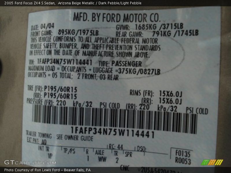2005 Focus ZX4 S Sedan Arizona Beige Metallic Color Code AQ