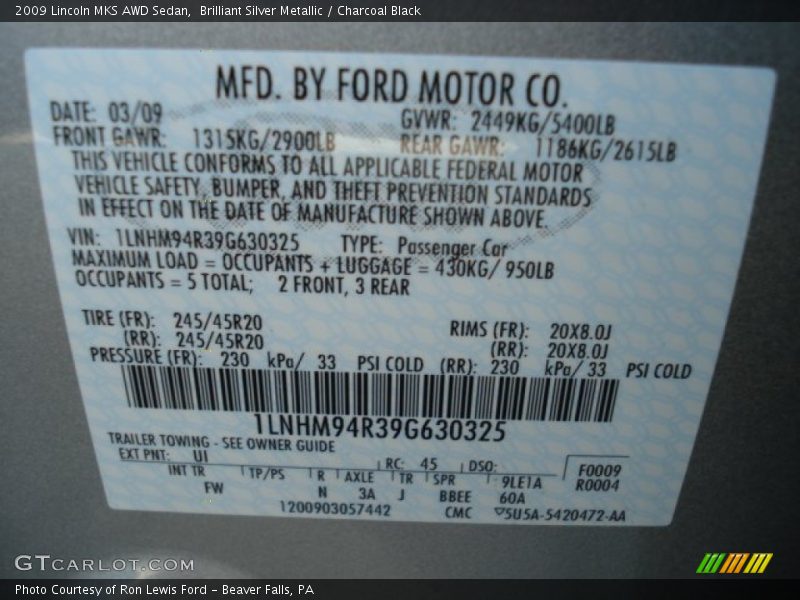 2009 MKS AWD Sedan Brilliant Silver Metallic Color Code UI
