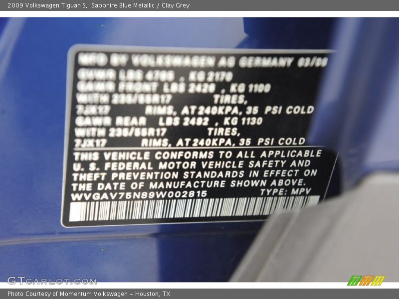 Sapphire Blue Metallic / Clay Grey 2009 Volkswagen Tiguan S