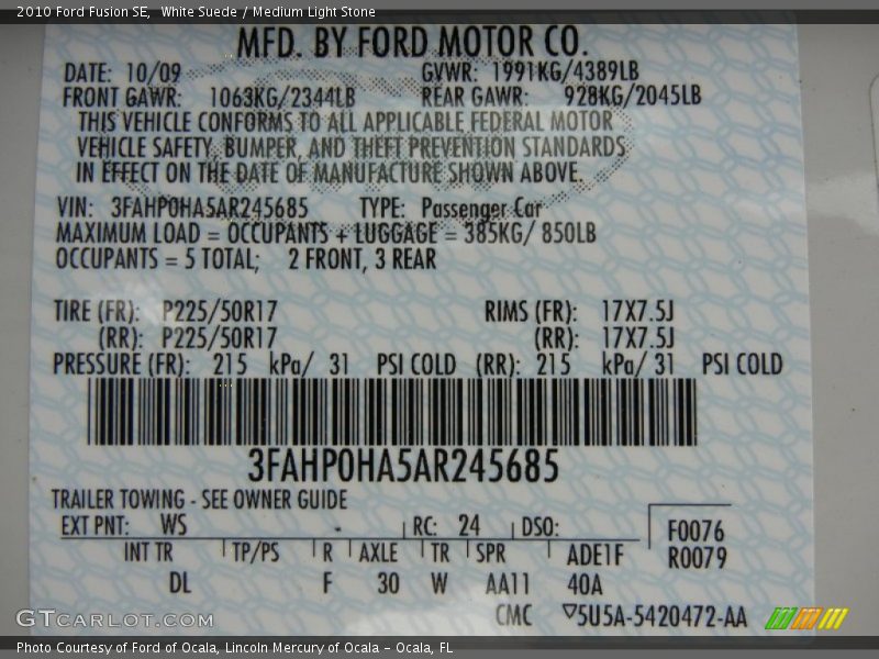 White Suede / Medium Light Stone 2010 Ford Fusion SE