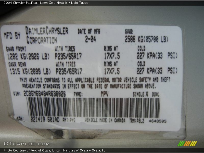Linen Gold Metallic / Light Taupe 2004 Chrysler Pacifica
