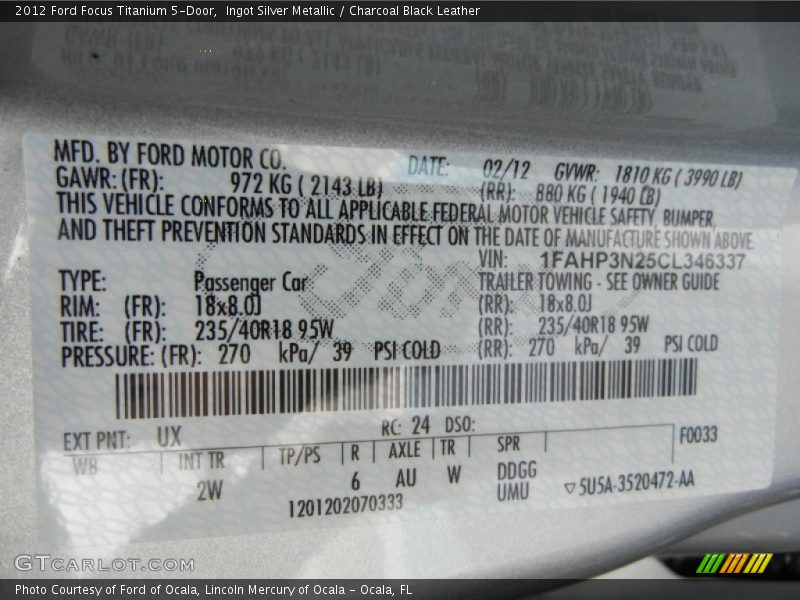 2012 Focus Titanium 5-Door Ingot Silver Metallic Color Code UX